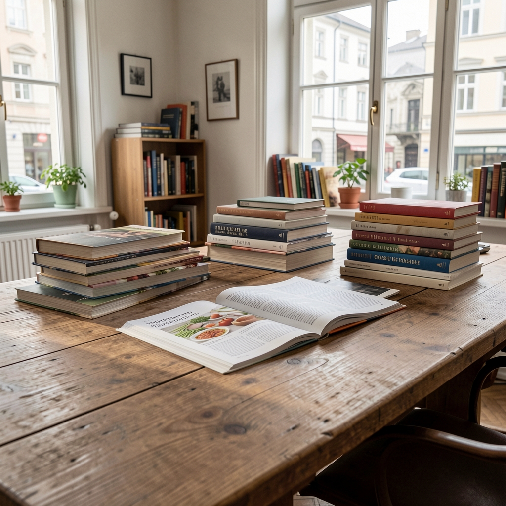 Redaktionsworkspace von Tolen in Zürich, Altstadt, Schreibtisch mit Notizbüchern und Ernährungsdokumentation