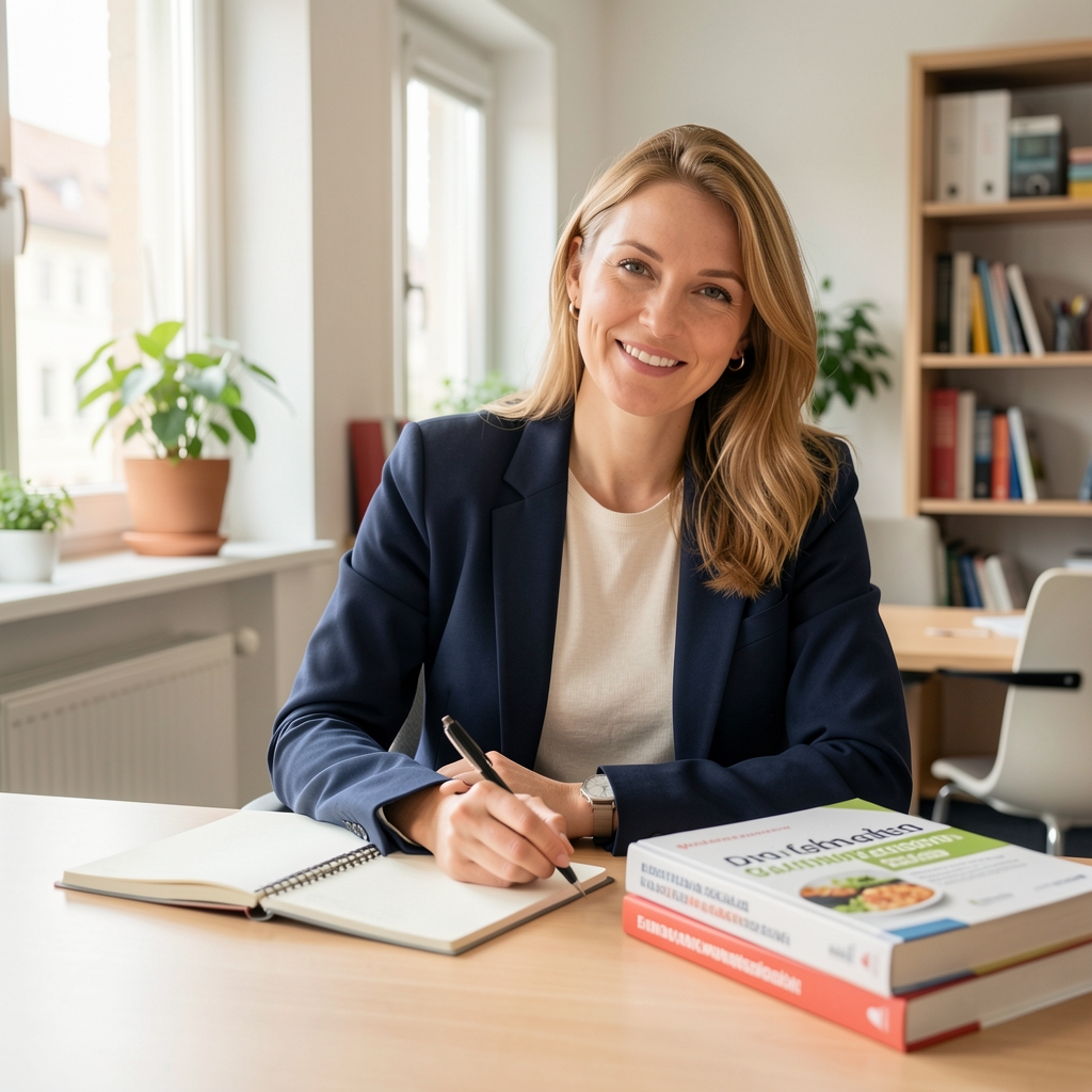 Redakteurin am Arbeitsplatz mit Notizblock und Fachliteratur zur Ernährungswissenschaft, helles Büro in Zürich