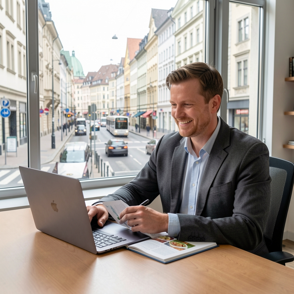 Redakteur mit Laptop und geöffnetem Ernährungsjournal, Büro mit grossem Fenster und Blick auf Zürich Strasse
