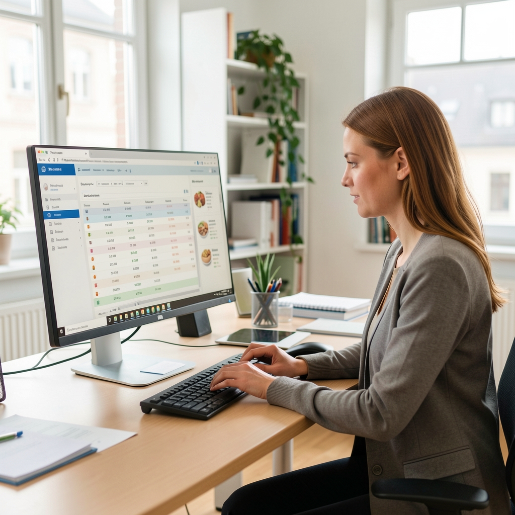 Redakteurin bei der Arbeit mit Ernährungsdaten und Tabellen auf einem Monitor, aufgeräumtes helles Büro in Zürich
