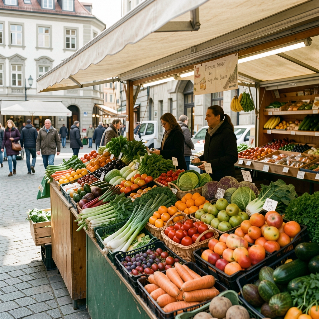 Marktstand mit frischem Obst und Gemüse in Zürich, saisonale Lebensmittel in natürlichem Tageslicht