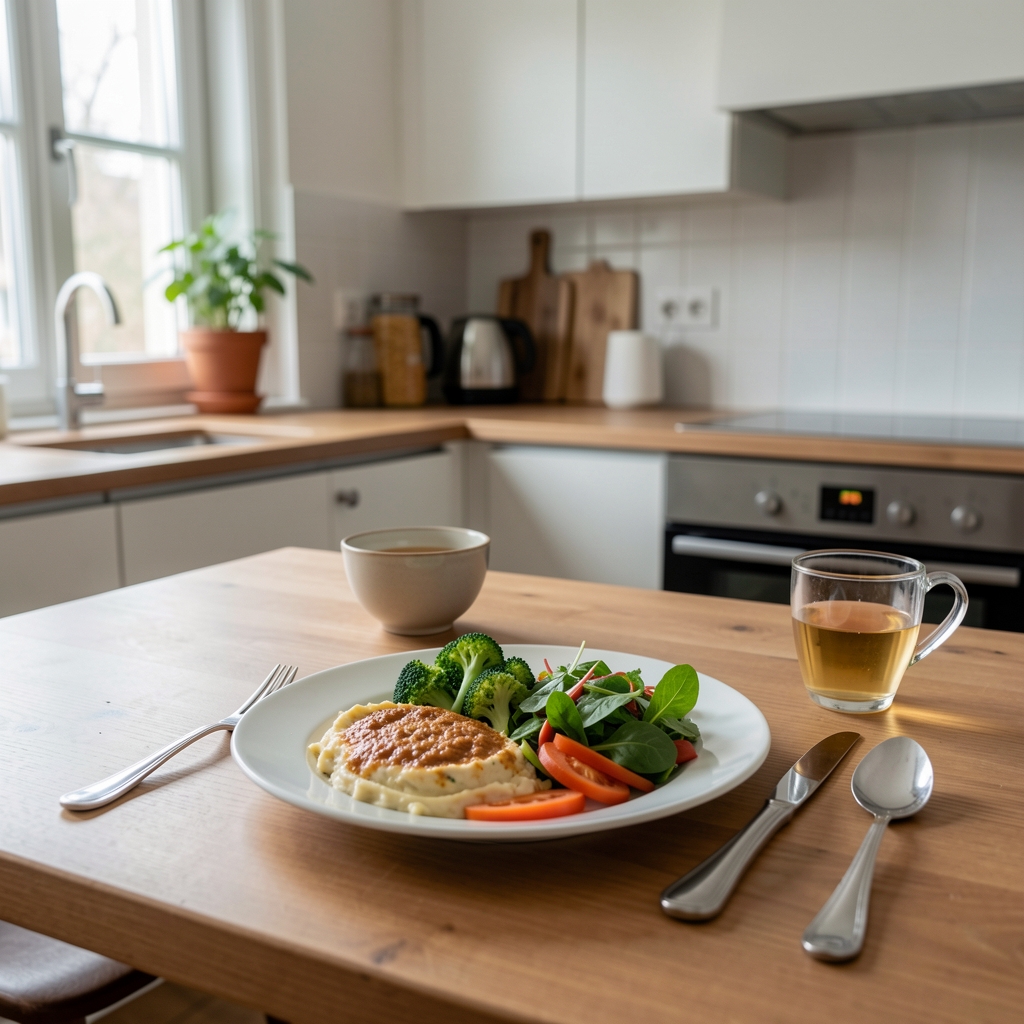 Gedeckter Tisch mit portionierter gesunder Mahlzeit, Glas Wasser, ruhige Zürich Wohnküche
