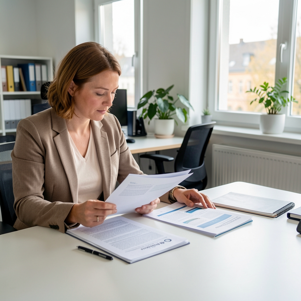 Redakteurin liest zwei wissenschaftliche Artikel nebeneinander auf einem hellen Schreibtisch, Quellenvergleich, Zürich Büro