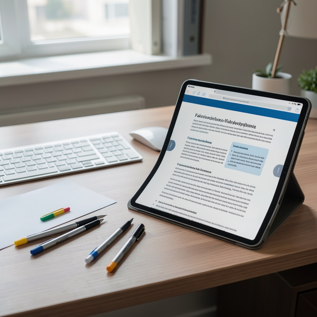 Ausgedruckte Quellentabelle mit Markierungen auf einem Schreibtisch neben einem Tablet mit offenem Forschungsartikel, Faktenprüfung