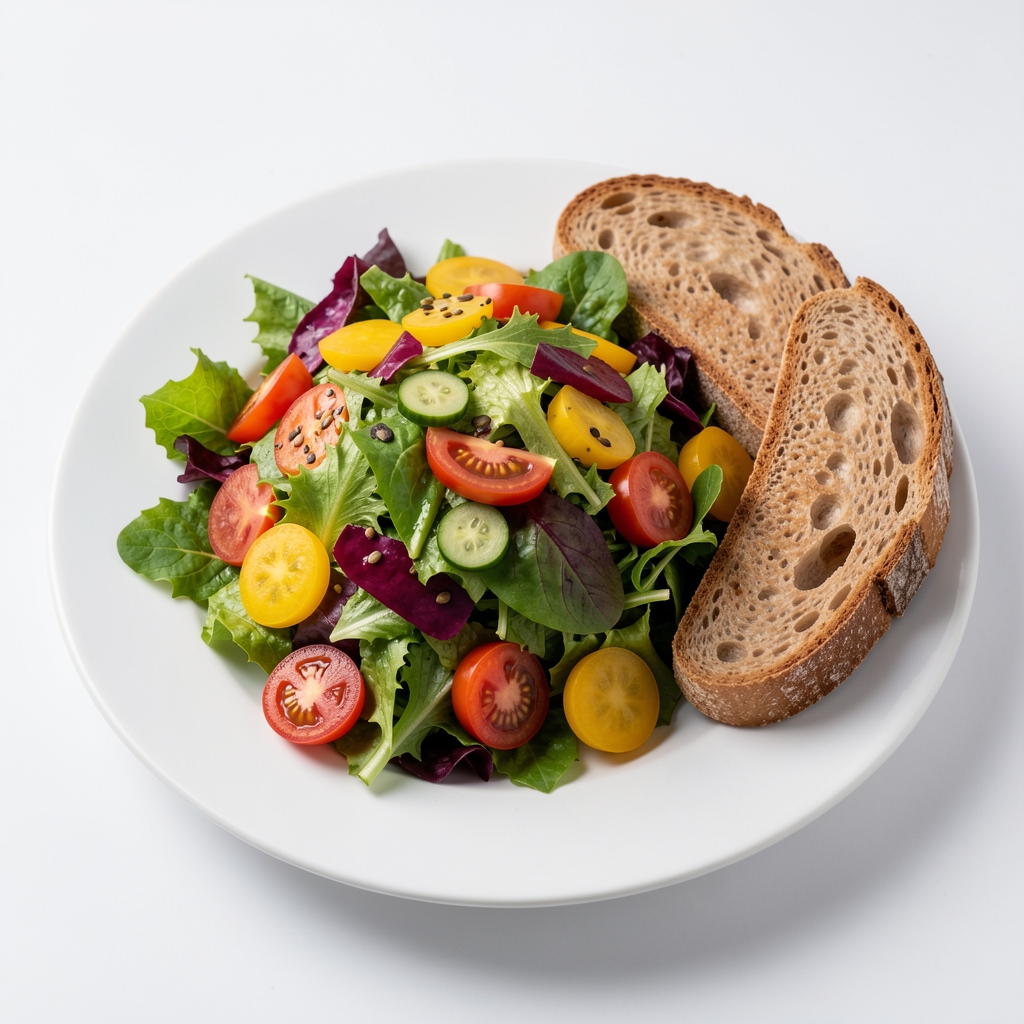 Frisch zubereiteter Salat mit Vollkornbrot und buntem Gemüse auf weissem Teller, Studio-Fotografie