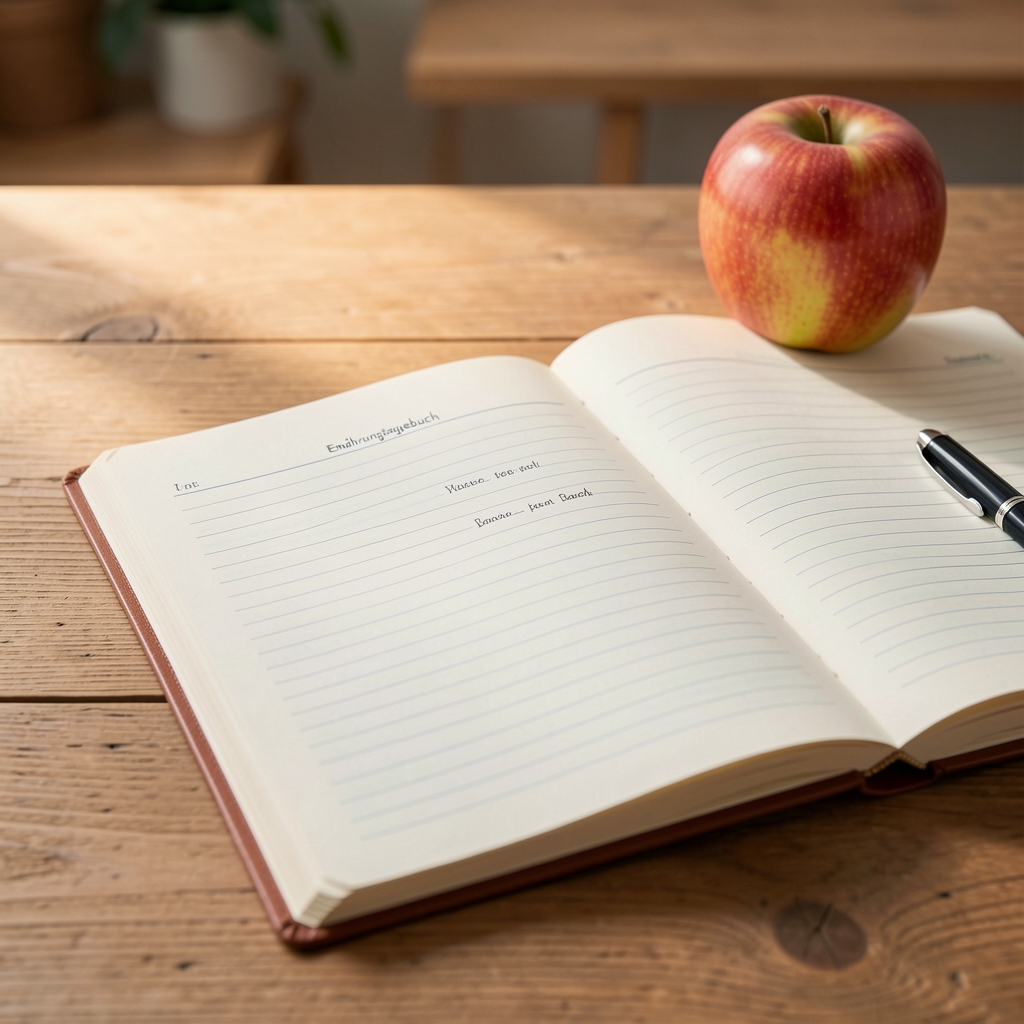 Ernährungstagebuch aufgeschlagen auf einem Tisch mit Apfel und Glas Wasser, Tagesplan Dokumentation