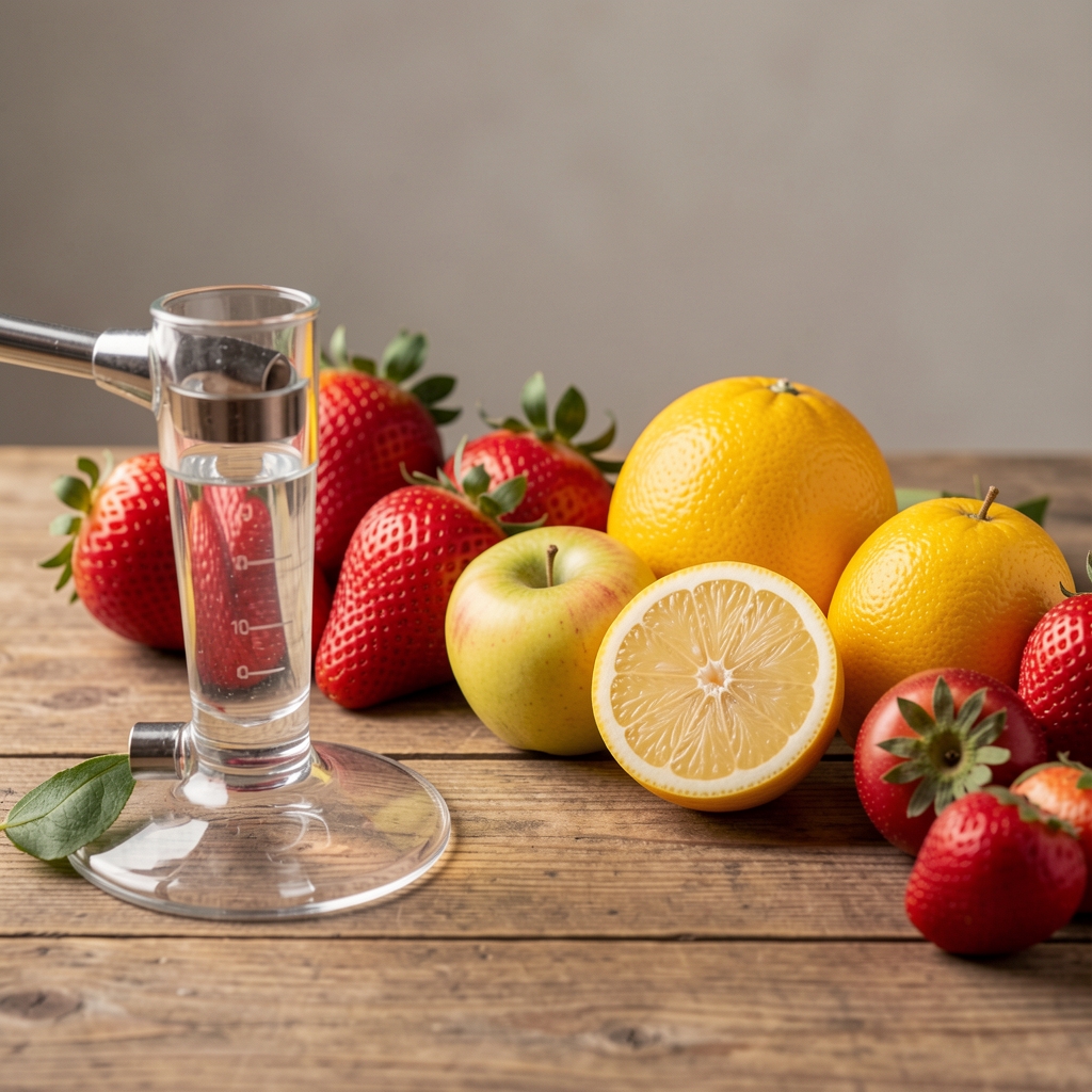 Glas Wasser mit Zitronenscheibe auf einem Holztisch neben frischem Obst, Flüssigkeitszufuhr Dokumentation