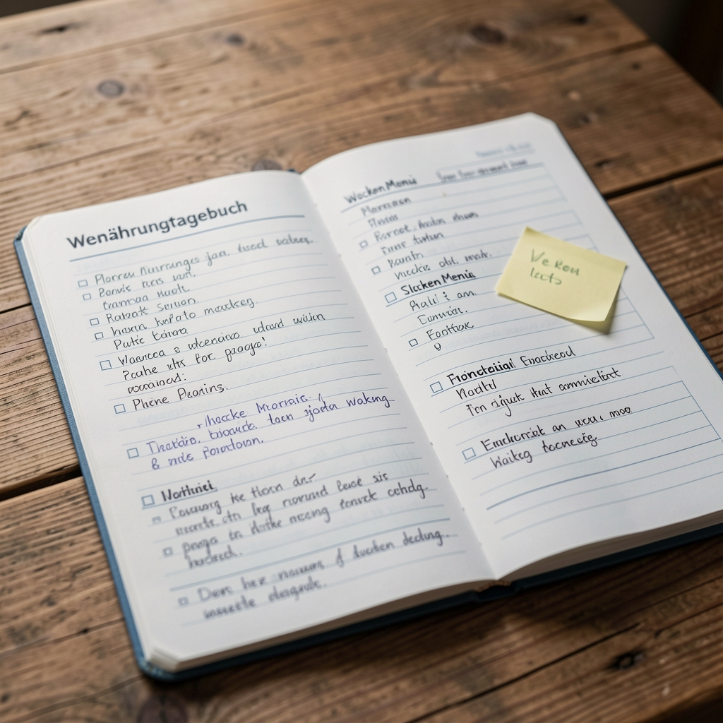 Ernährungstagebuch mit handschriftlichen Einträgen und klebriger Notiz, Wochenmenü auf einem Holztisch, Planung und Dokumentation