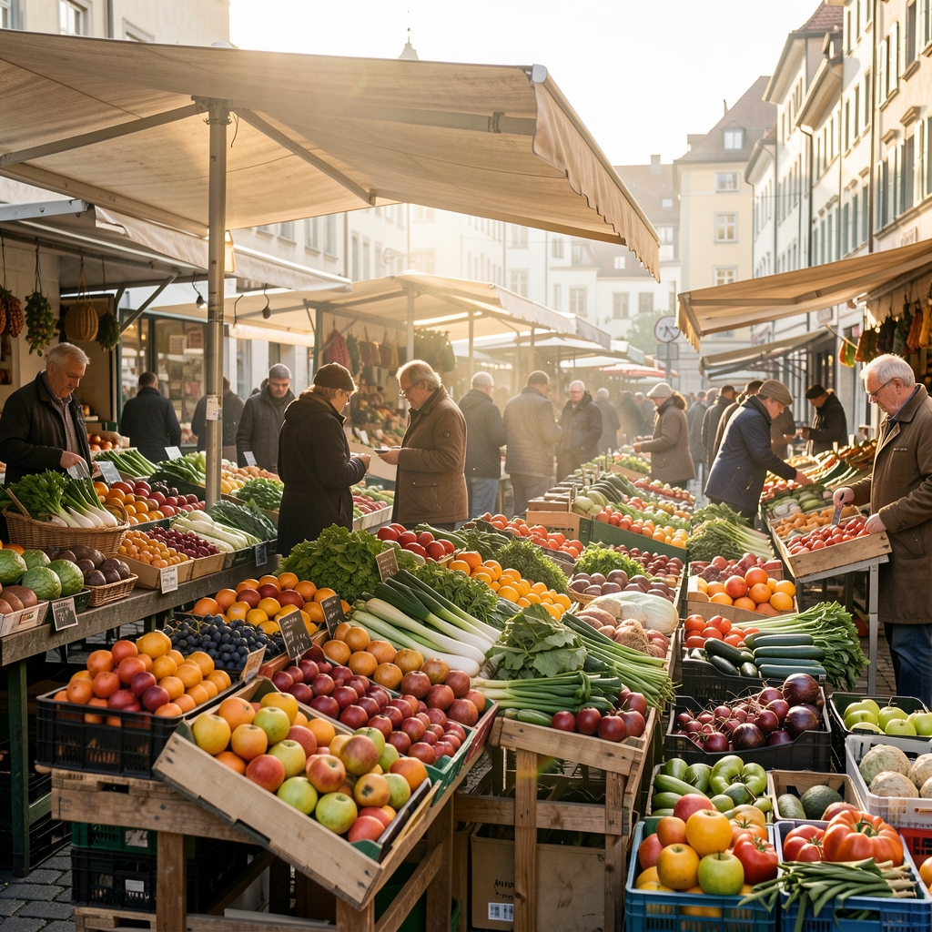 Wochenmarkt in Zürich mit saisonalem Obst und Gemüse auf Holzständern, früher Morgen mit warmem Tageslicht