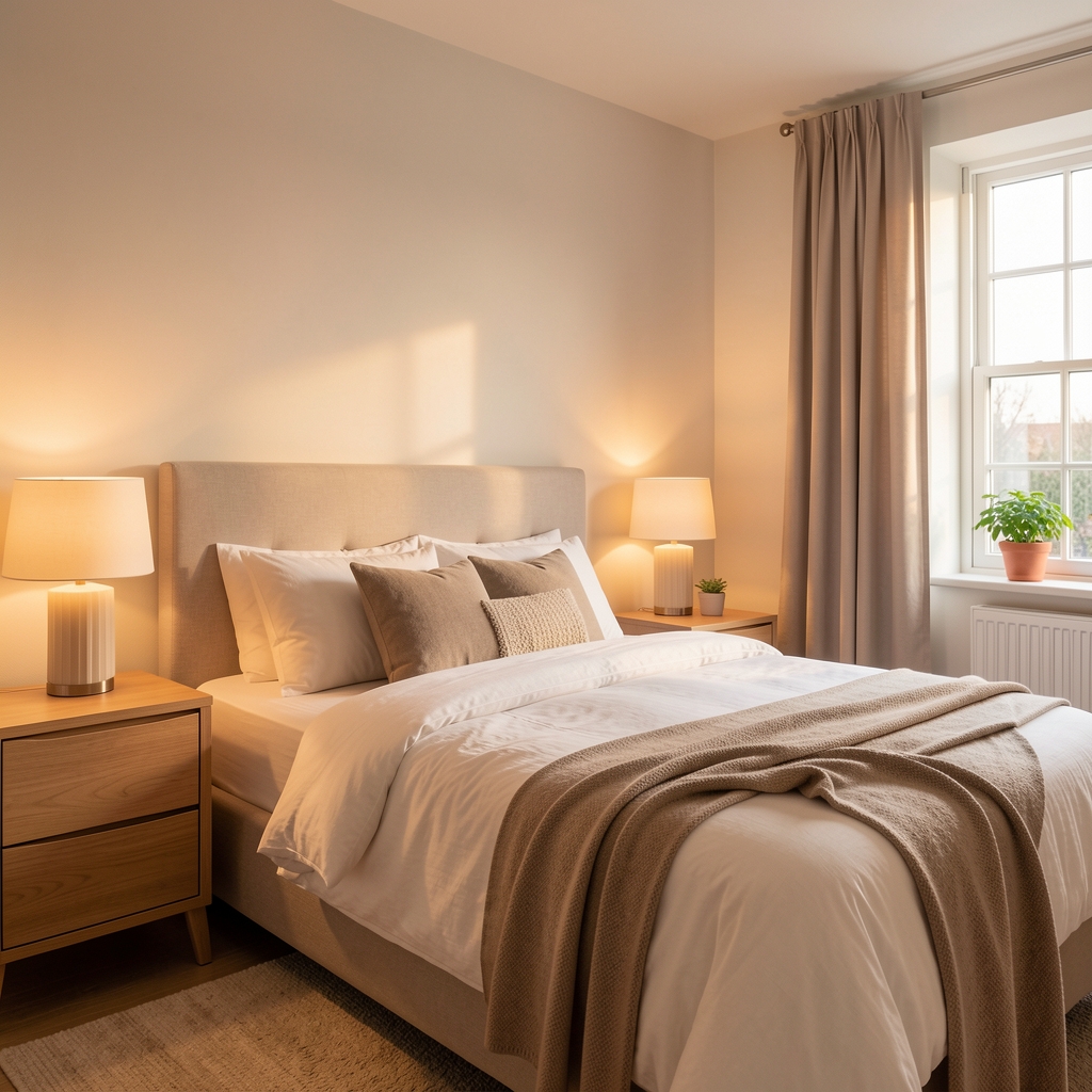 Schlafende Person in ruhigem Schlafzimmer, warmes Licht, Erholung als Teil des Lebensstil-Dokumentation
