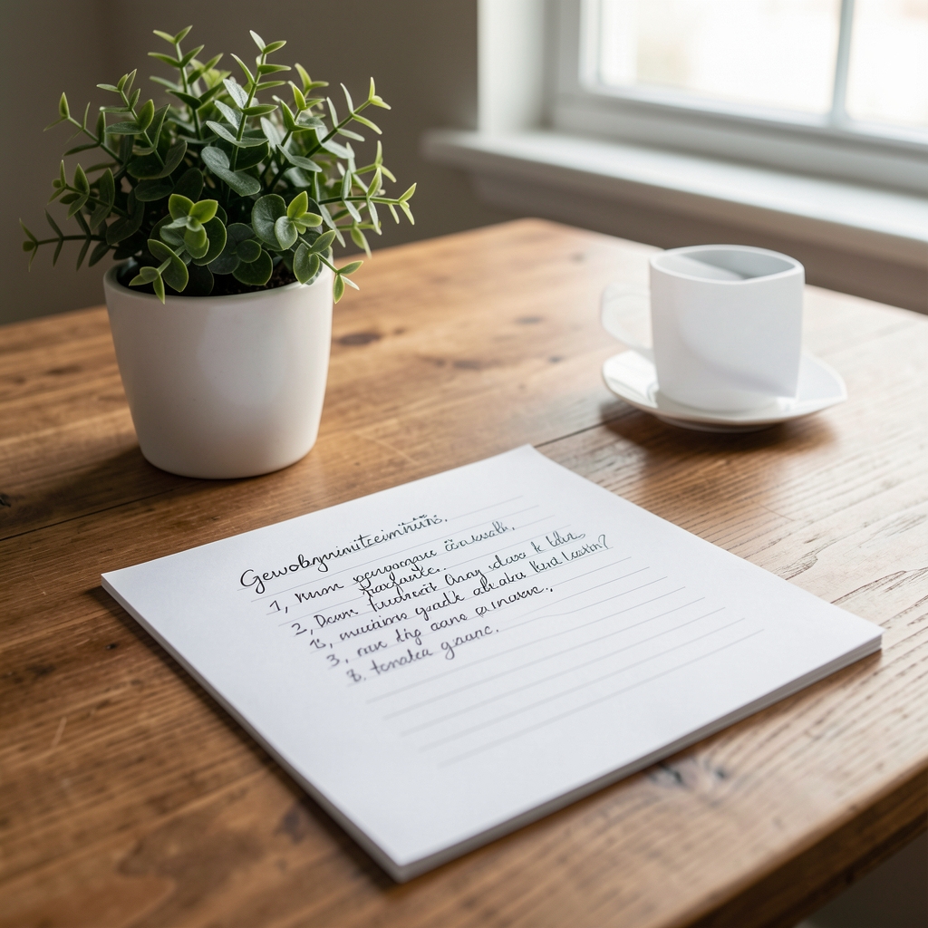 Offenes Notizbuch mit handschriftlichen Gewohnheitseinträgen auf einem Tisch mit Pflanze und Tasse Tee, Alltagsroutine Dokumentation
